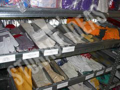 Categorized clothes placed on the storage shelves with price labels on the supermarket