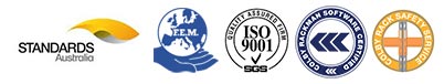 Standards Australia Logo, FEM Logo, ISO 9001 SGS Logo and Colby Rack Safety Service Logo